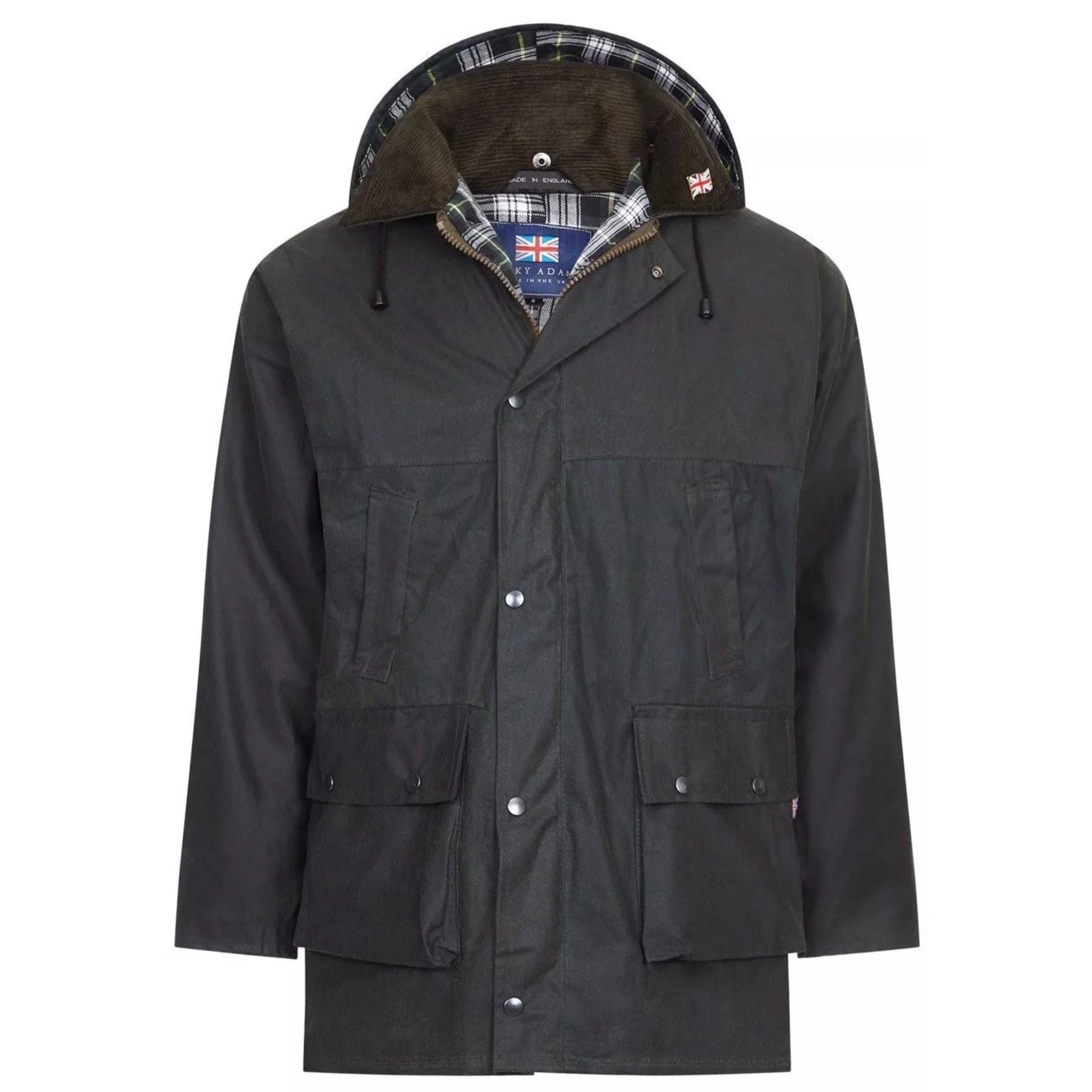 Nicky Adams men's olive green padded wax jacket with hood, corduroy collar, and multiple pockets – classic British country outerwear